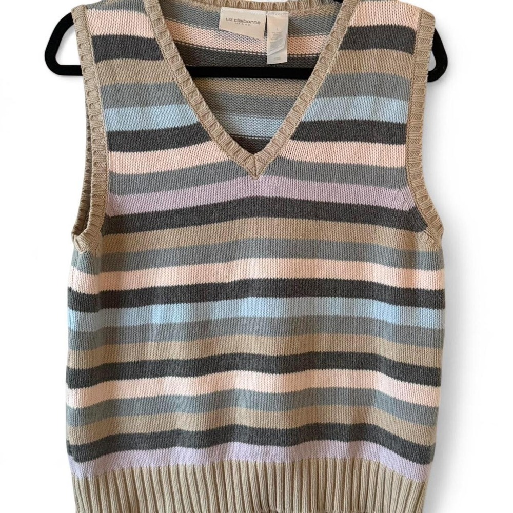 Liz Claiborne Vintage Striped Multi-Color Sweater Vest V-Neck Large